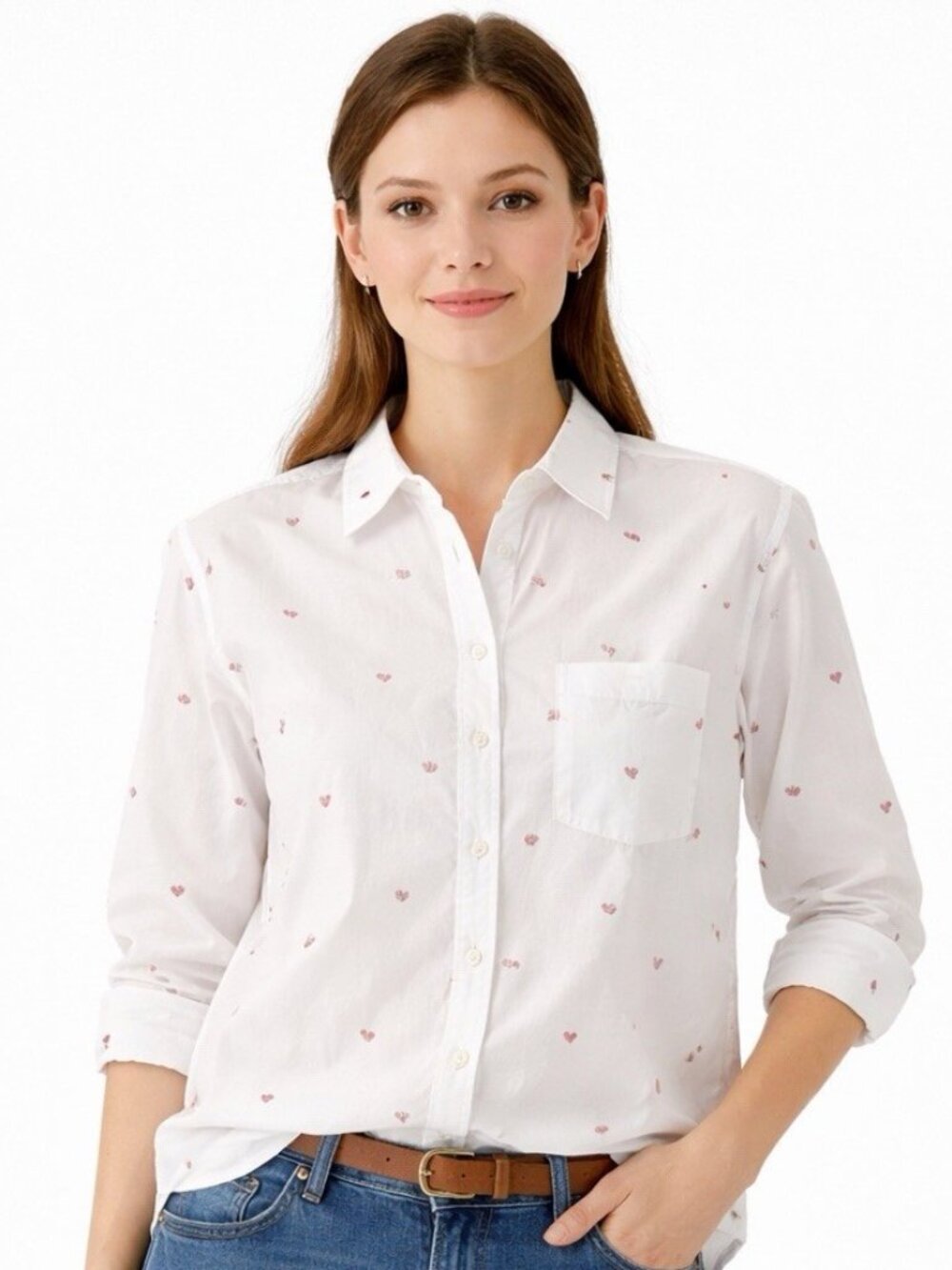 LOFT Heart Print Button Front CottonCollared Blouse S Novelty Career Office Work